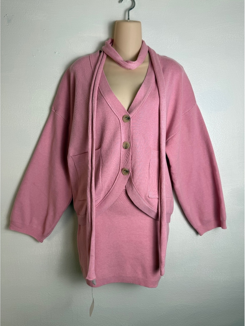 Fashion Nova Eden Pink 3 Piece Sweater Scarf Mini Skirt Set XS NWT